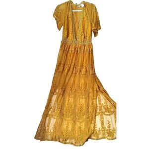 Clothing Company Womens Mustard Yellow Embroidered Sheer Lace Boho Maxi Romper L